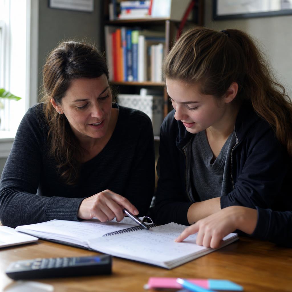 Nachhilfelehrerin und Schüler beim gemeinsamen Lernen am Tisch